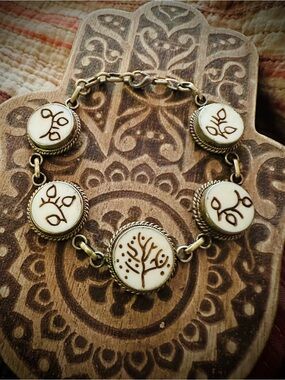 RARE Pewter Link Chain Charm Bracelet, Etched Clay & Botanicals 1930s, Retro